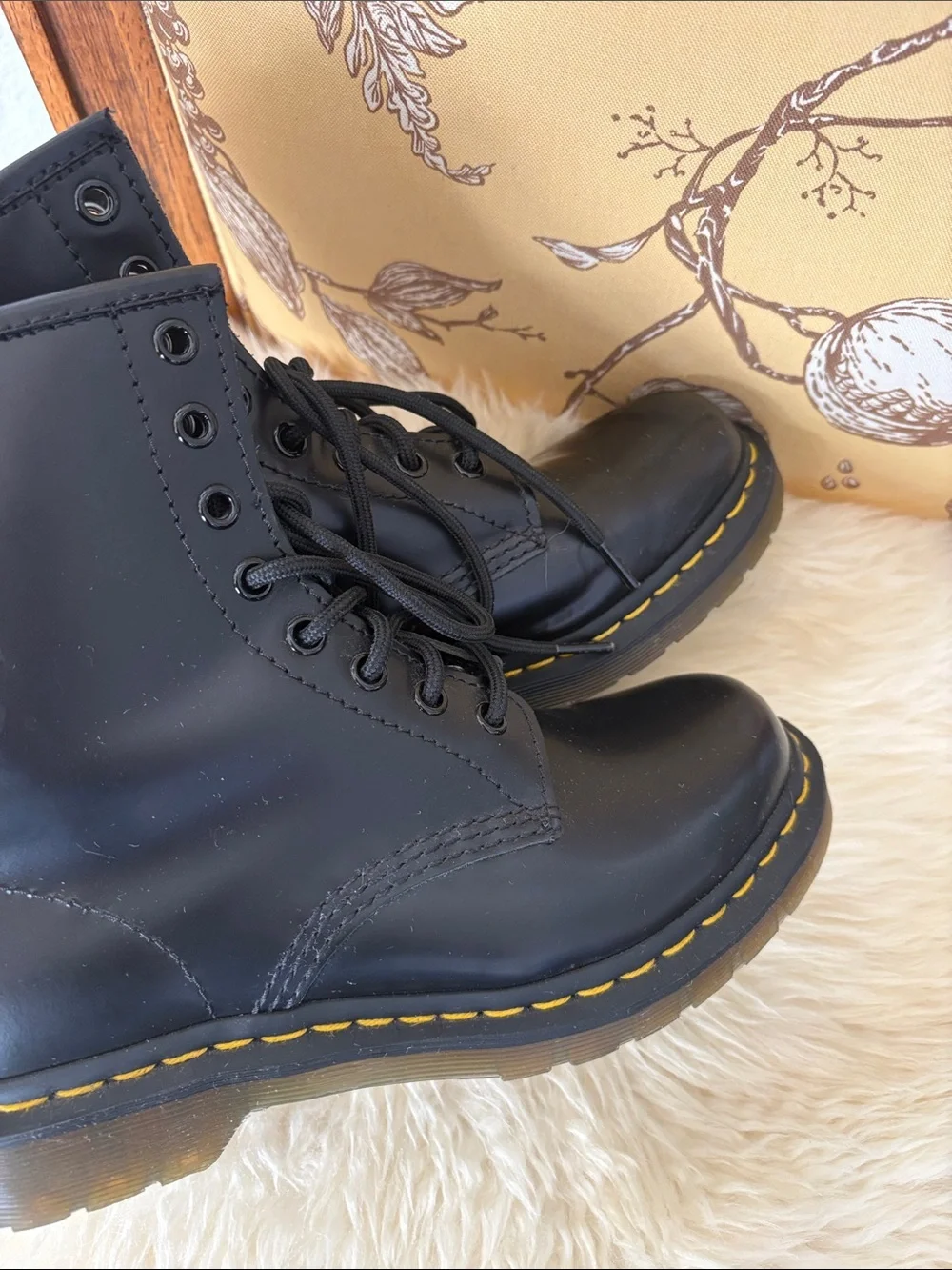 Dr. Martens Black Leather Lace-Up Boots with Yellow Stitching